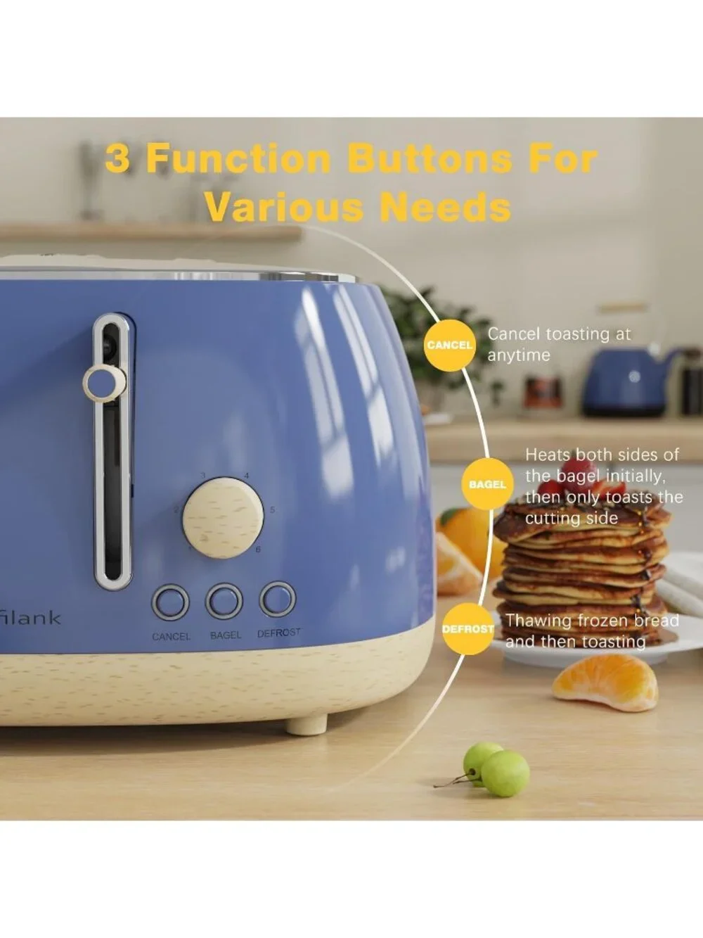4 Slice Sapphire Blue Retro Stainless Steel Extra Wide Slots Cancel Toaster